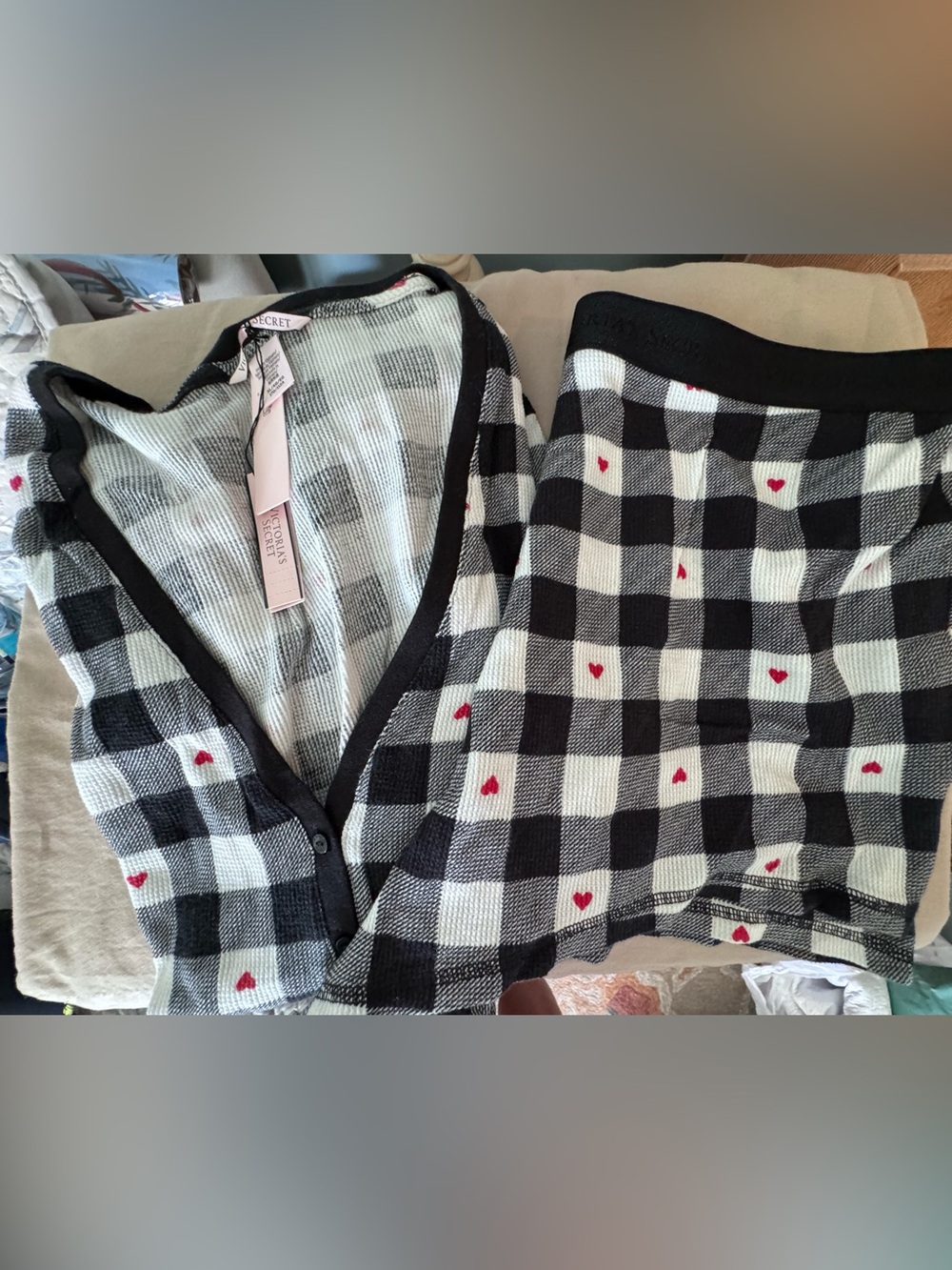 Victoria's Secret Black & White Buffalo Plaid Pajama Set with Red Heart Details